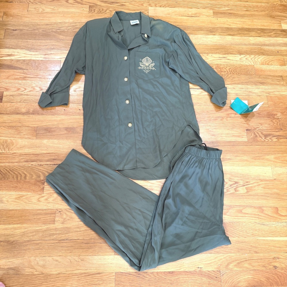 Vintage R&M Richards Olive Green Rayon Pant Suit Set Shell Gold Sz 10
